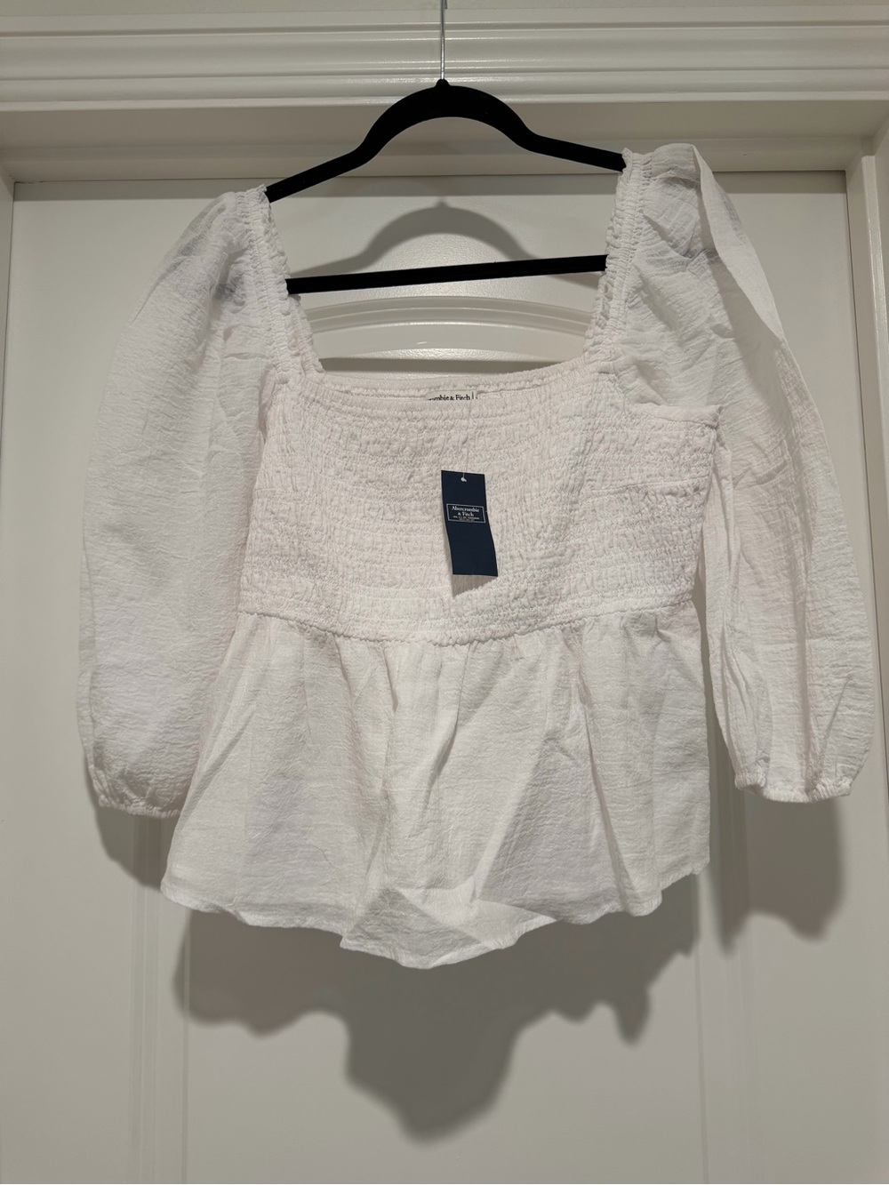 Size XL - Abercrombie & Fitch White Smocked Square-Neck Peplum Blouse